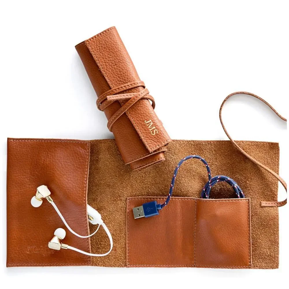 Mark & Graham NEW Leather Charger Rollup Camel Brown Tan with Tie NWOT Monogram